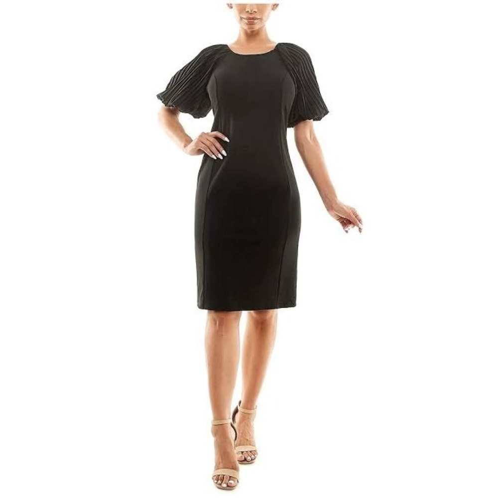 Nina Leonard Sheath Dress Black Pleated Puff Sleeve Midi LBD Elegant Size‎ M